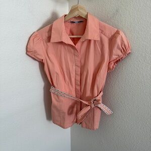 Antonio Melani coral pink short puff sleeve shirt with embroidered waist belt